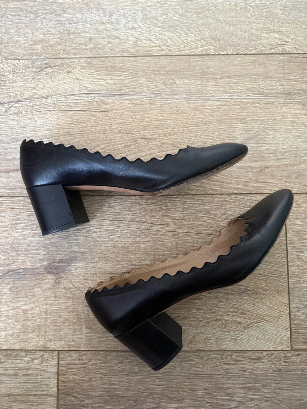 Chloe Black Scalloped Block Heel Pumps - Picture 1 of 5